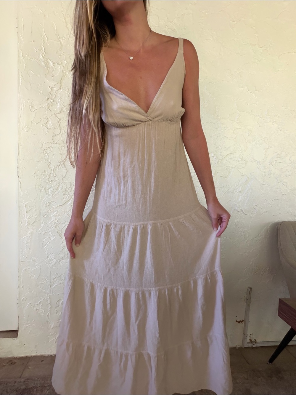Seaspice V-Neck Tiered Maxi Dress in Taupe